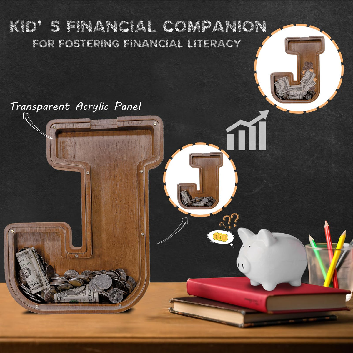JOOMLAFLY Wooden Letter Piggy Bank – Personalized Initial Coin Bank for Kids