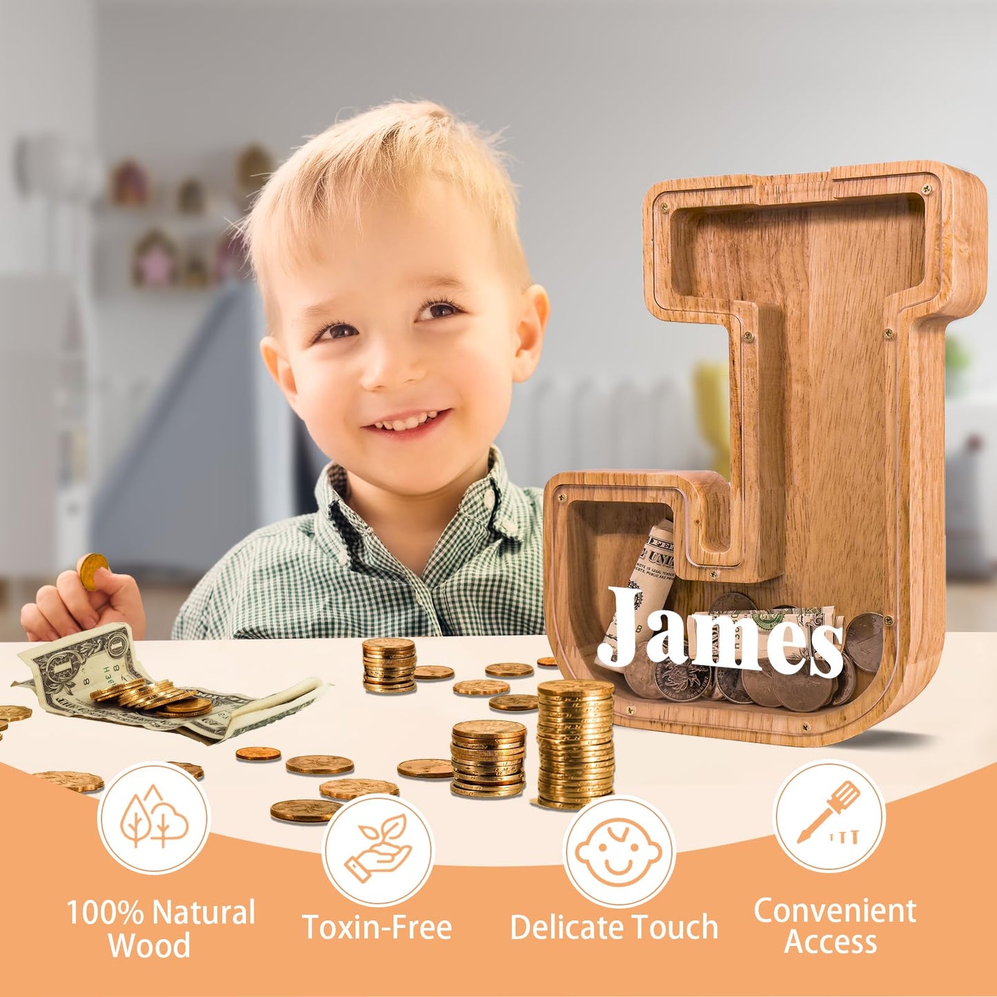 JOOMLAFLY Wooden Letter Piggy Bank - Personalized Alphabet Coin Bank for Kids