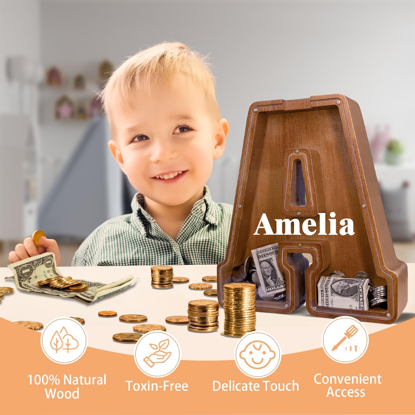 JOOMLAFLY Wooden Letter Piggy Bank – Personalized 12-Inch Initial Coin Bank for Kids