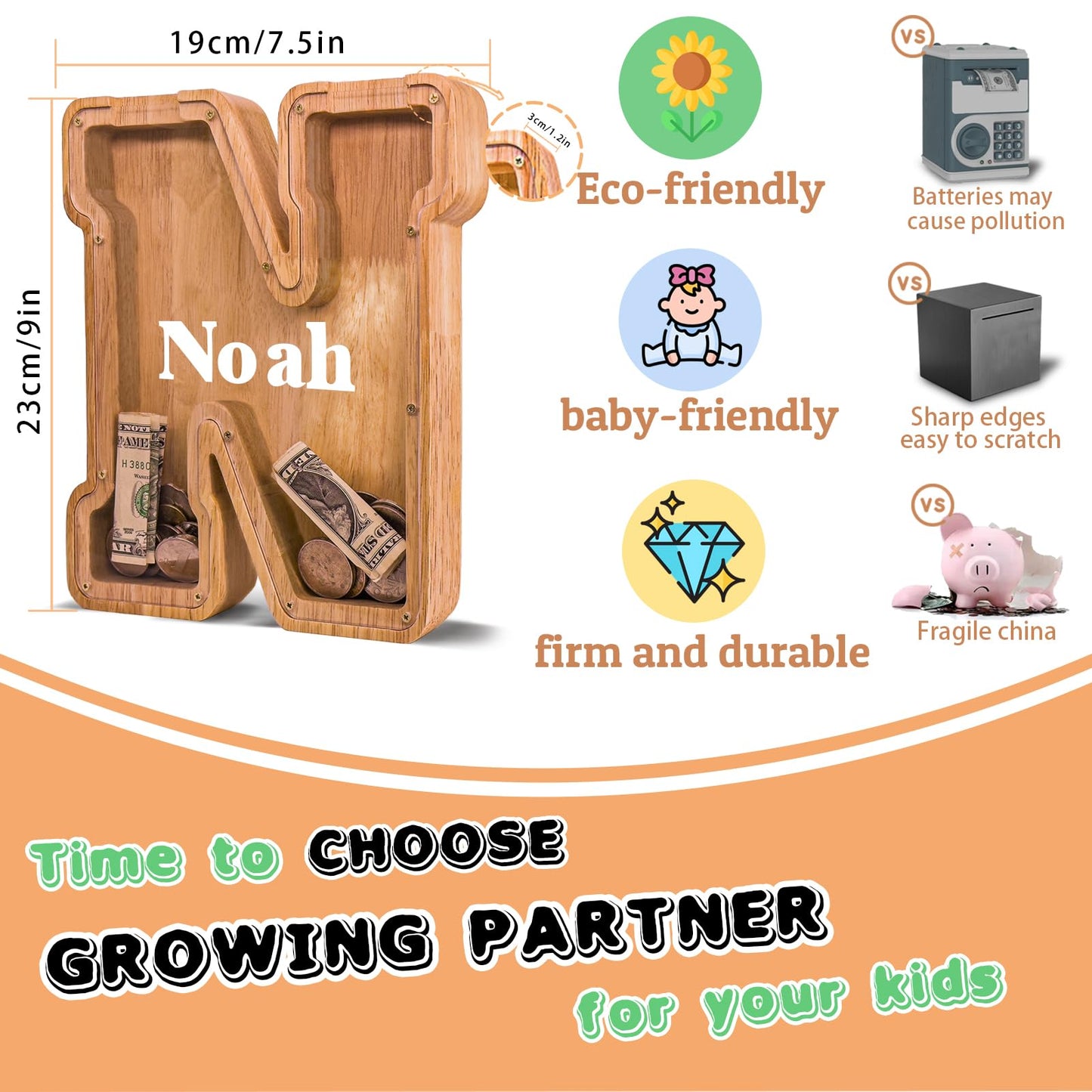 JOOMLAFLY Wooden Letter Piggy Bank for Kids — Large Initial Coin Bank in Eco Wood, Personalized Gift