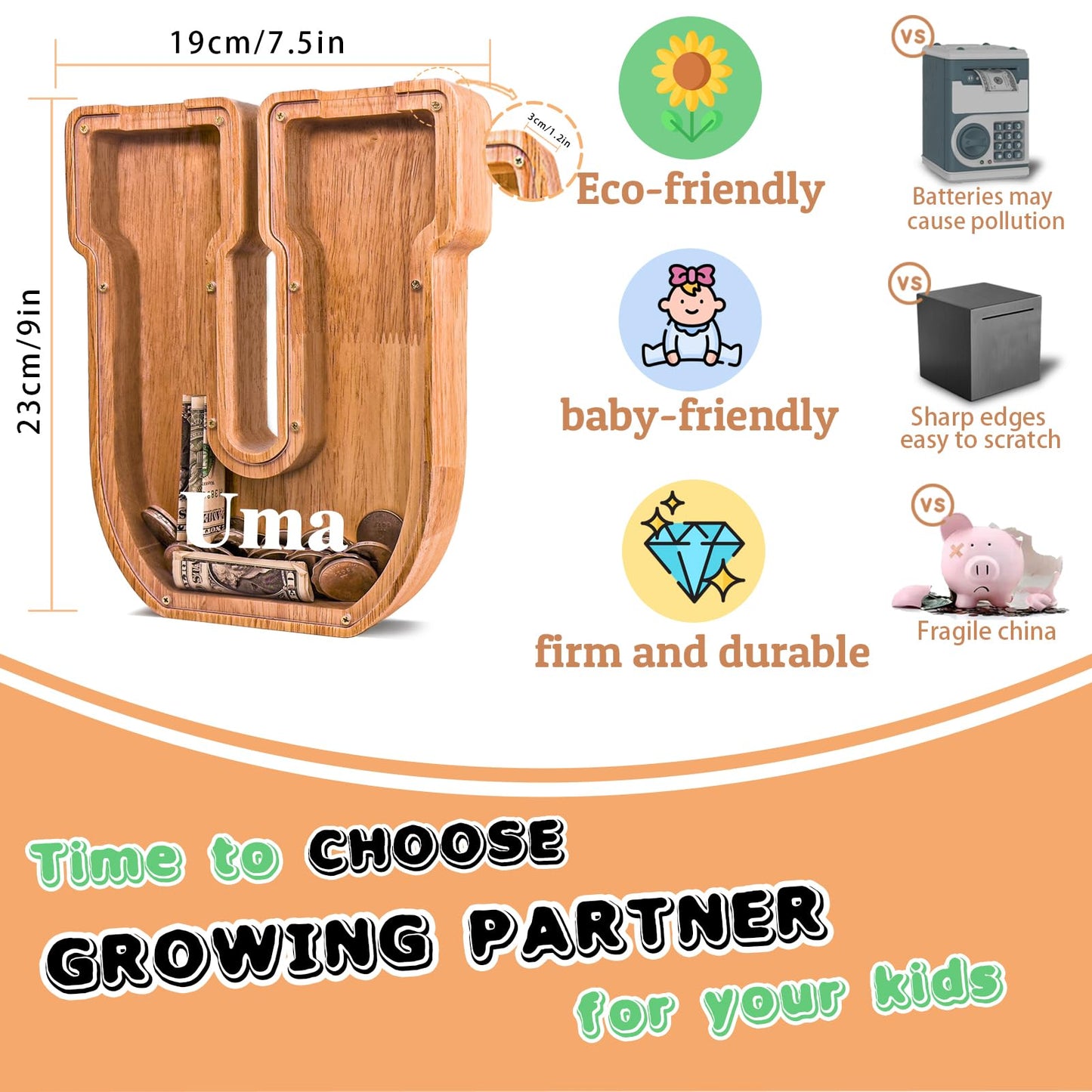 JOOMLAFLY Wooden Letter Piggy Bank – Personalized Initial Coin Bank for Kids
