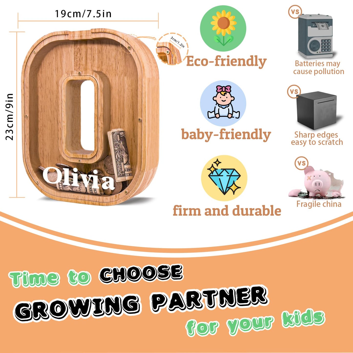 JOOMLAFLY Wooden Letter Piggy Bank - Personalized 9-inch Alphabet Coin Box for Kids