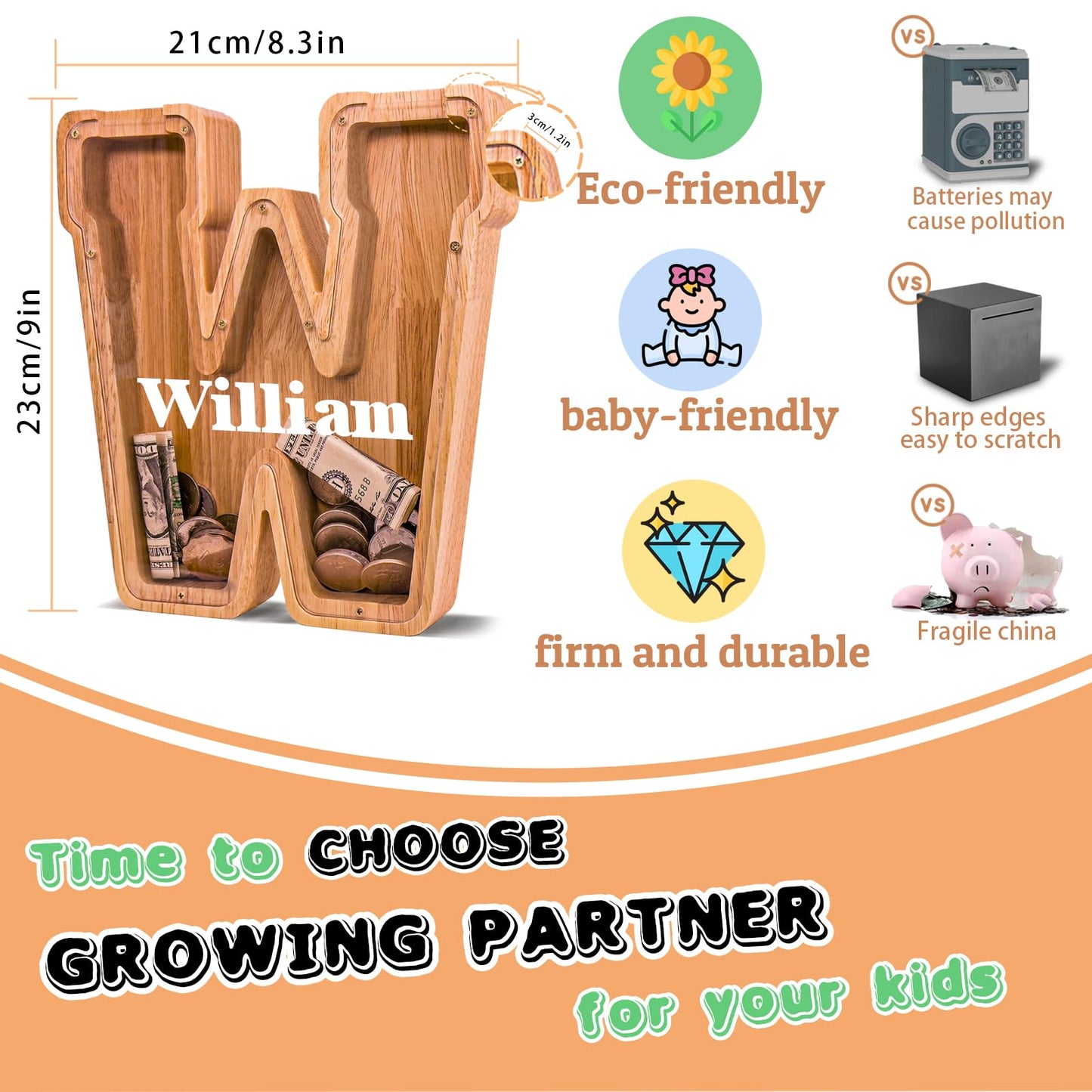 JOOMLAFLY Wooden Letter Piggy Bank – Personalized Initial Coin Bank for Kids