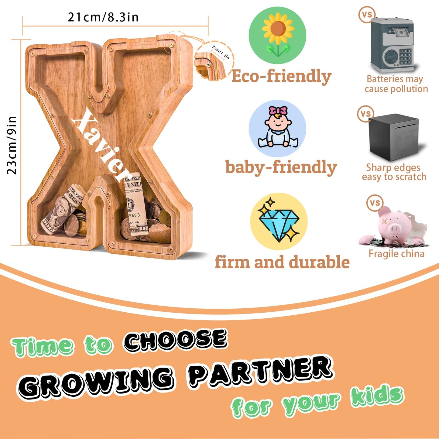 JOOMLAFLY Wooden Letter Piggy Bank – Large Personalized Alphabet Bank for Kids