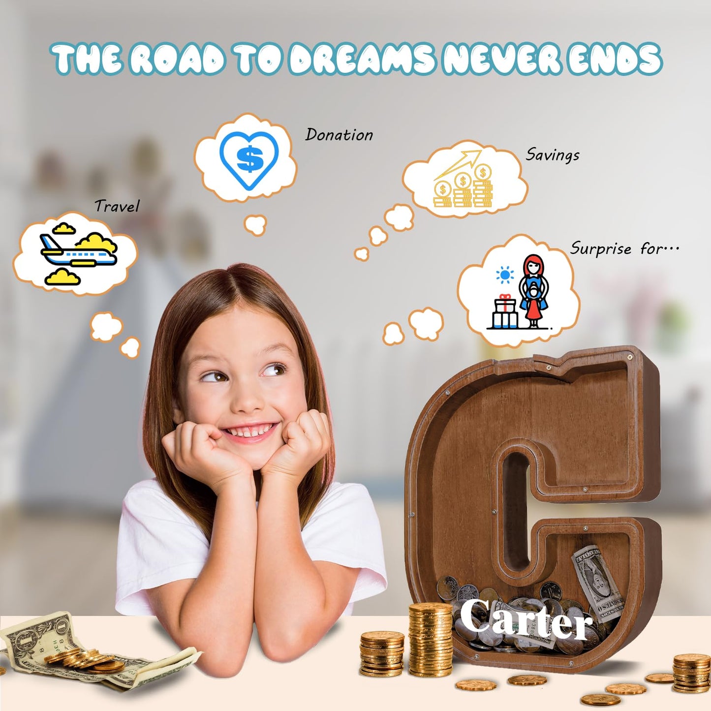 JOOMLAFLY Wooden Letter Piggy Bank for Kids | Large Initial Coin Bank & Personalized Gift