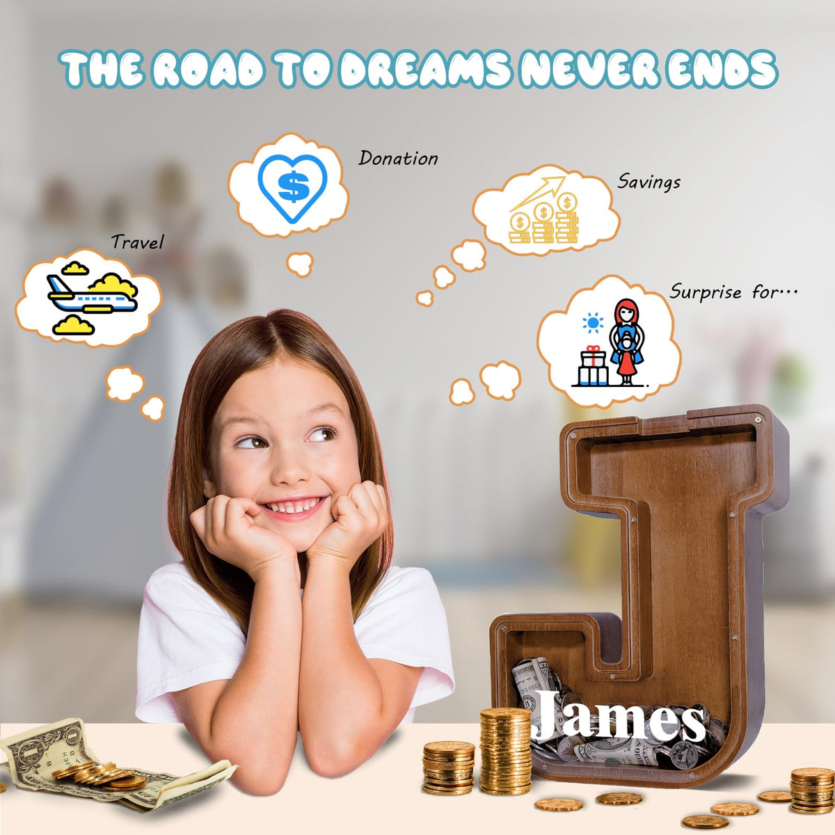 JOOMLAFLY Wooden Letter Piggy Bank – Personalized Initial Coin Bank for Kids