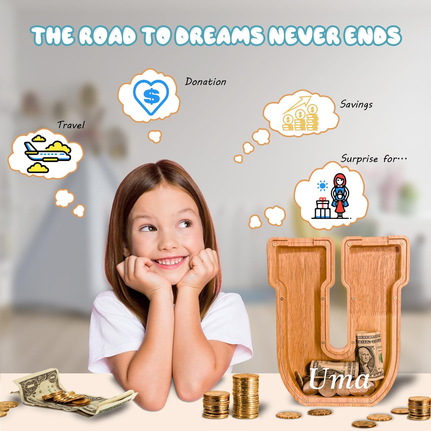 JOOMLAFLY Wooden Letter Piggy Bank – Personalized Initial Coin Bank for Kids