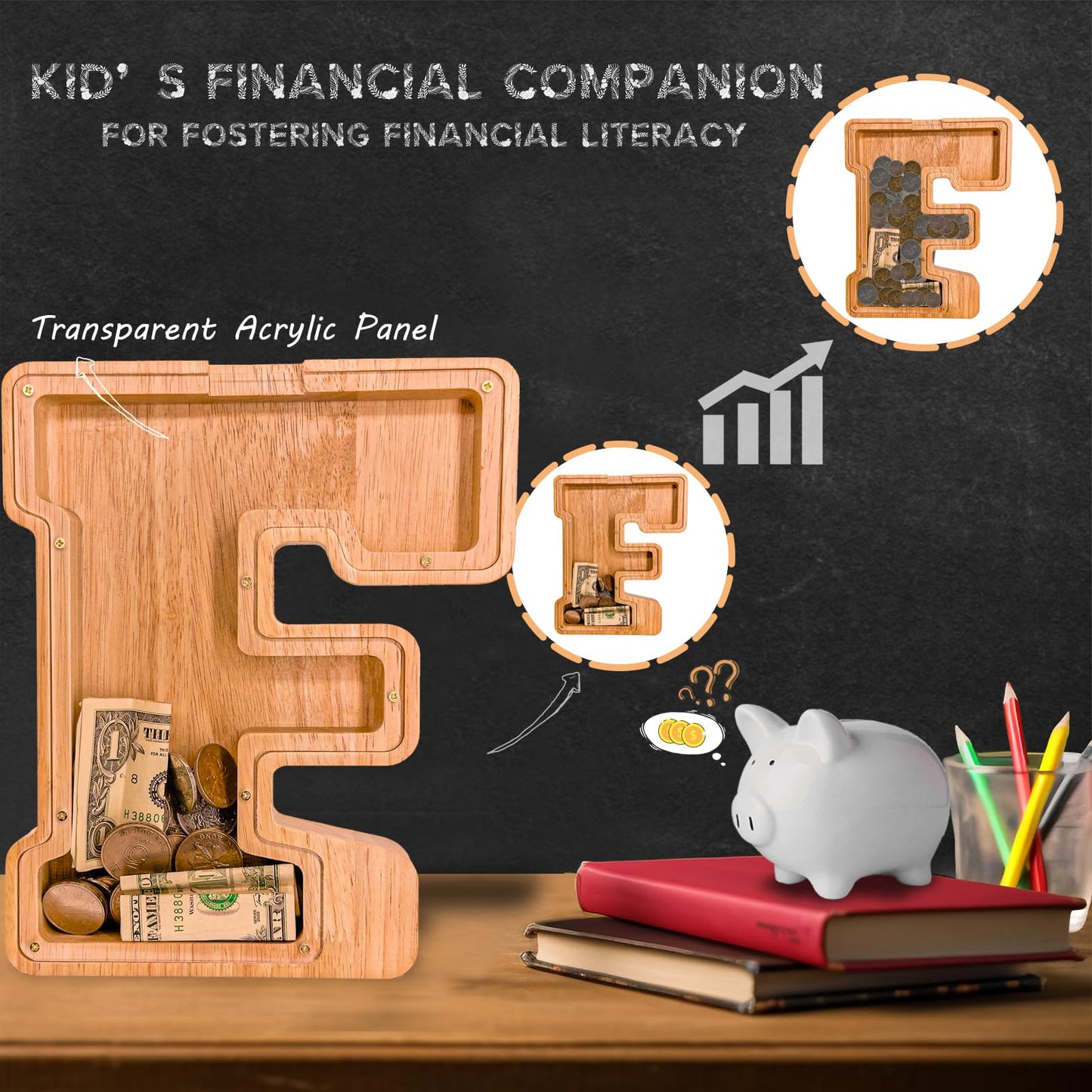 JOOMLAFLY Wooden Letter Piggy Bank for Kids — Personalized Initial Coin Bank