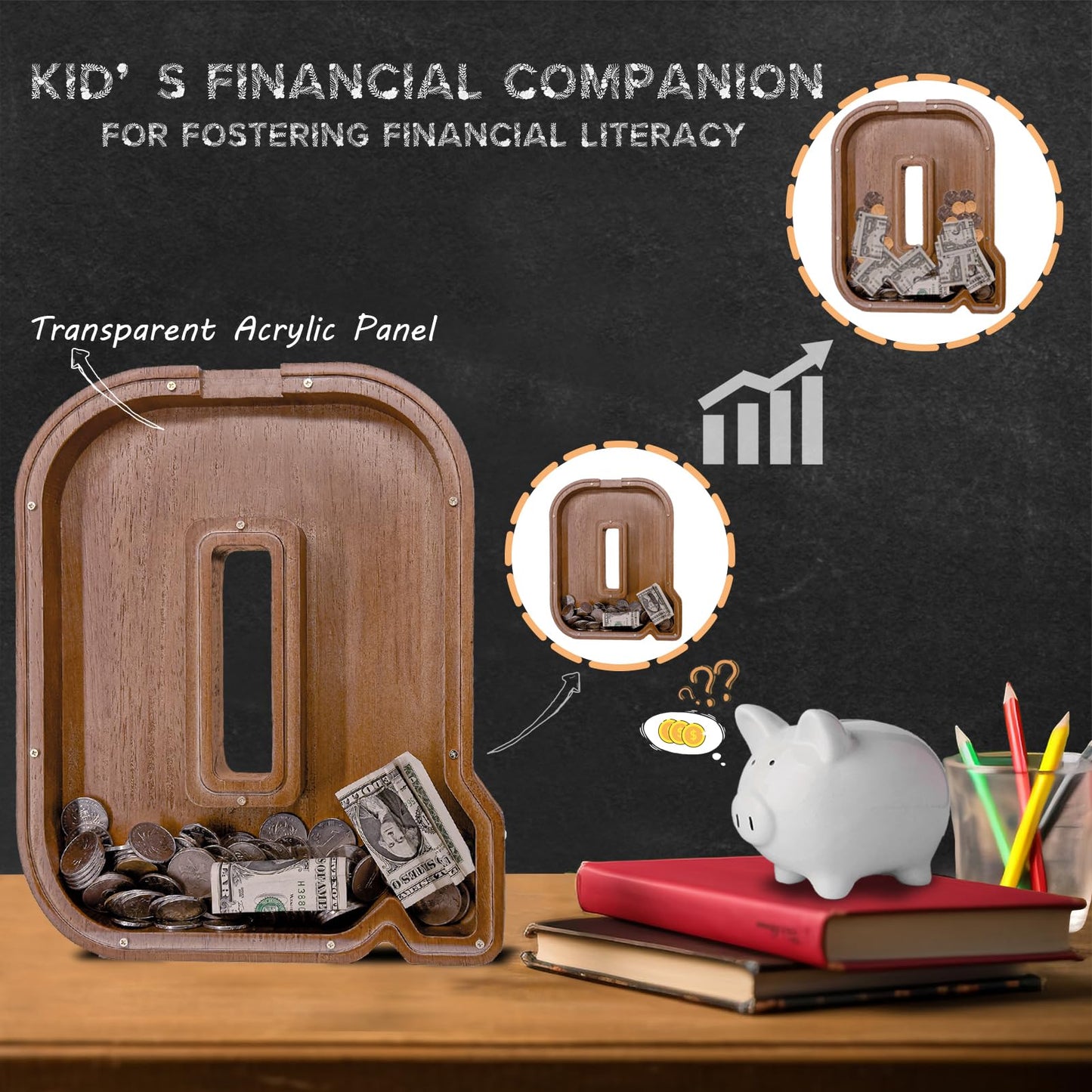 JOOMLAFLY Wooden Letter Piggy Bank – Large Initial Coin Bank for Kids, Personalized Gift