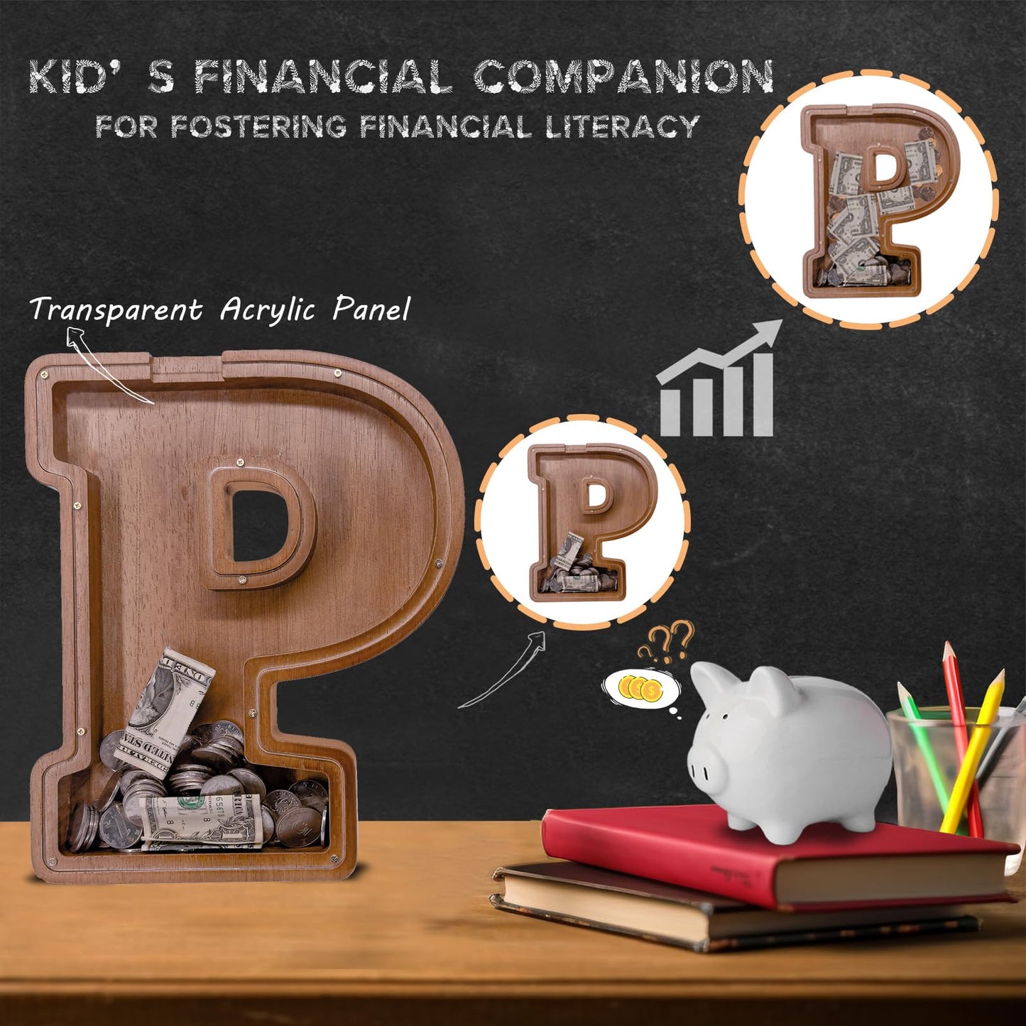 JOOMLAFLY Wooden Letter Piggy Bank – Large 12-Inch Personalized Alphabet Coin Bank