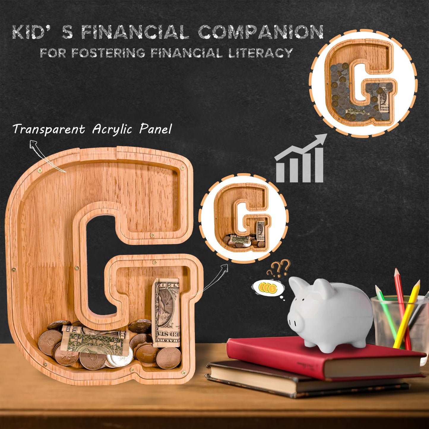 JOOMLAFLY Wooden Letter Piggy Bank – Personalized Initial Coin Bank for Kids