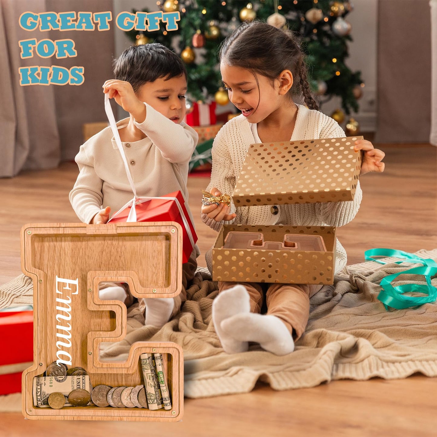 JOOMLAFLY Wooden Letter Piggy Bank – 9-Inch Initial Coin Bank for Kids