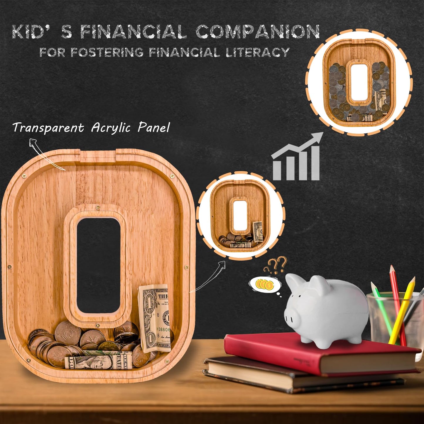 JOOMLAFLY Wooden Letter Piggy Bank - Personalized 9-inch Alphabet Coin Box for Kids