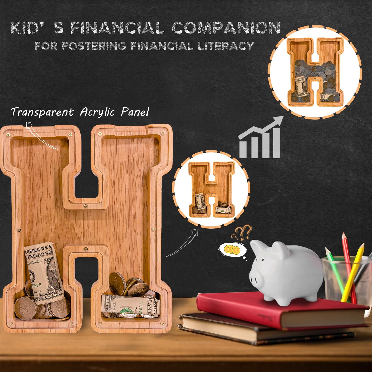 JOOMLAFLY Wooden Letter Piggy Bank – Large Personalized Initial Coin Bank for Kids
