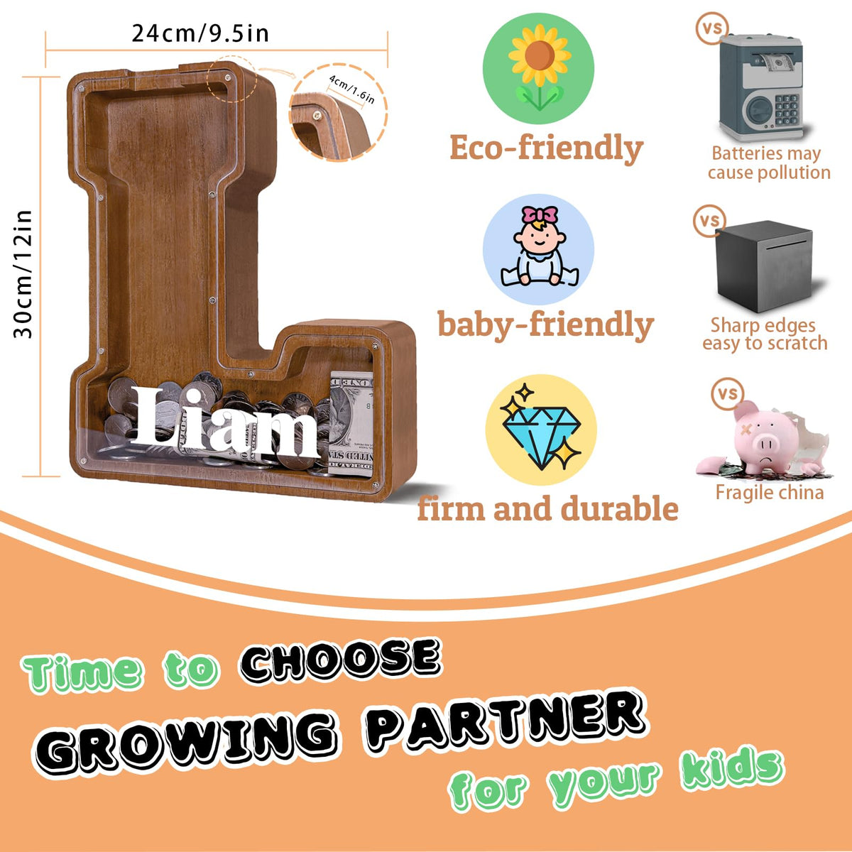 JOOMLAFLY Wooden Letter Piggy Bank for Kids – Personalized Initial Coin Bank & Decorative Storage