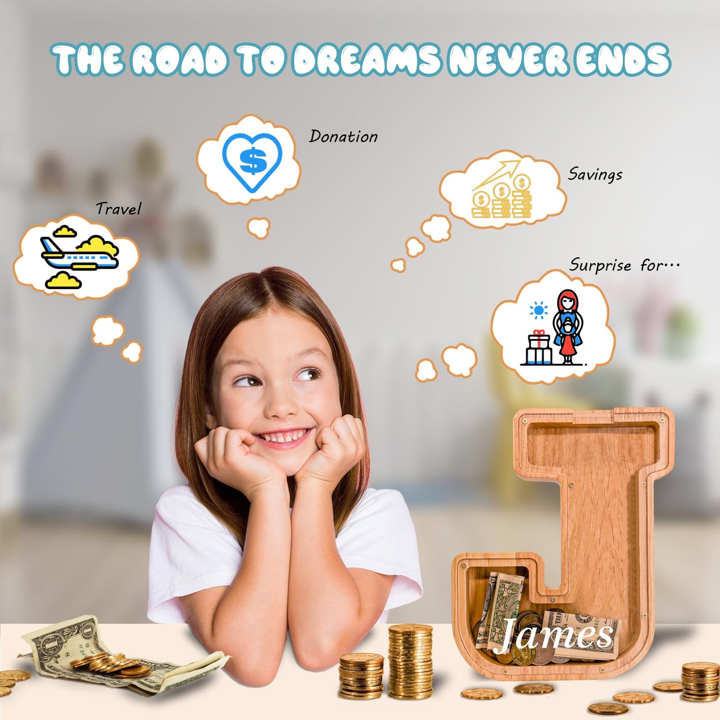 JOOMLAFLY Wooden Letter Piggy Bank - Personalized Alphabet Coin Bank for Kids