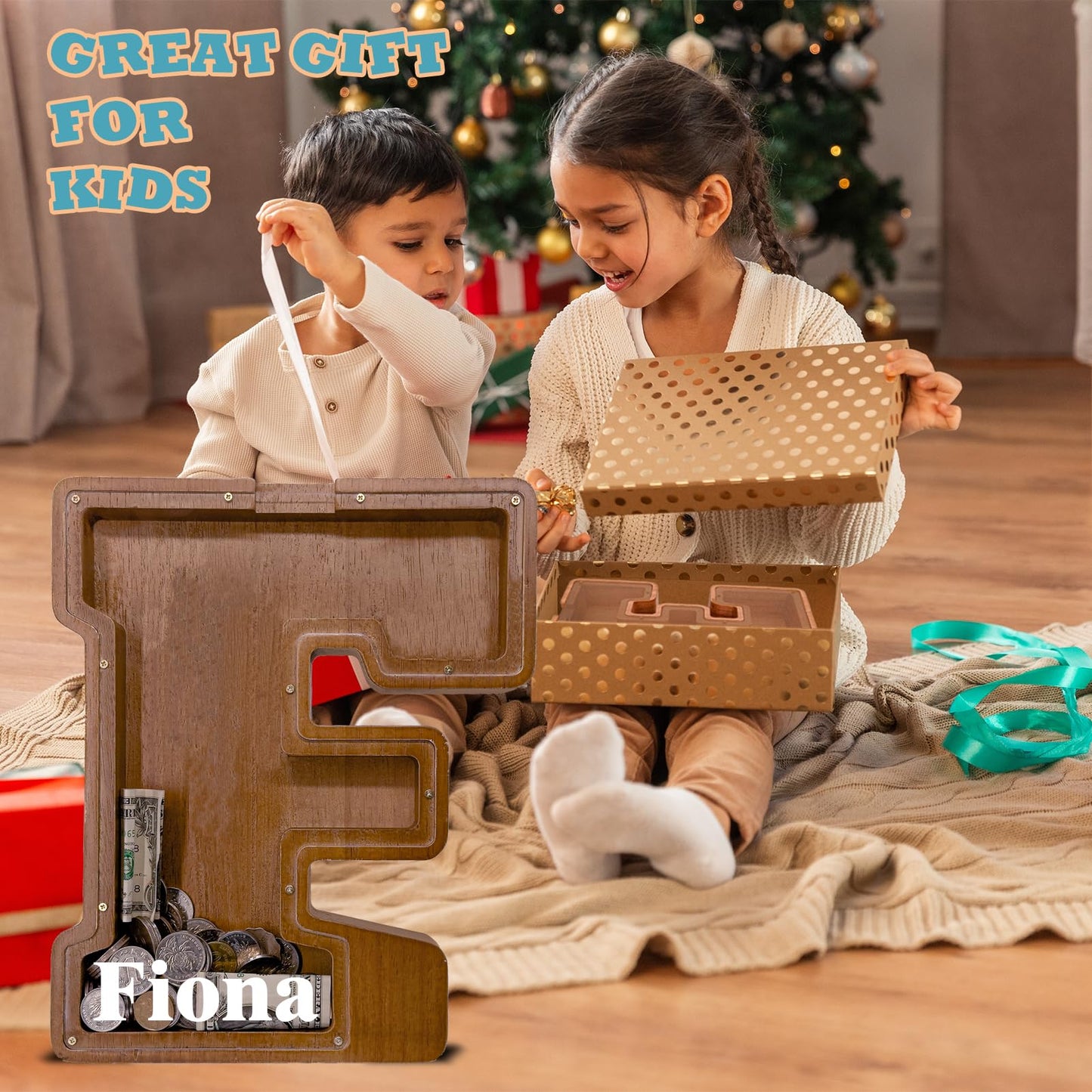 JOOMLAFLY Wooden Letter Piggy Bank – Personalized Initial Coin Bank for Kids