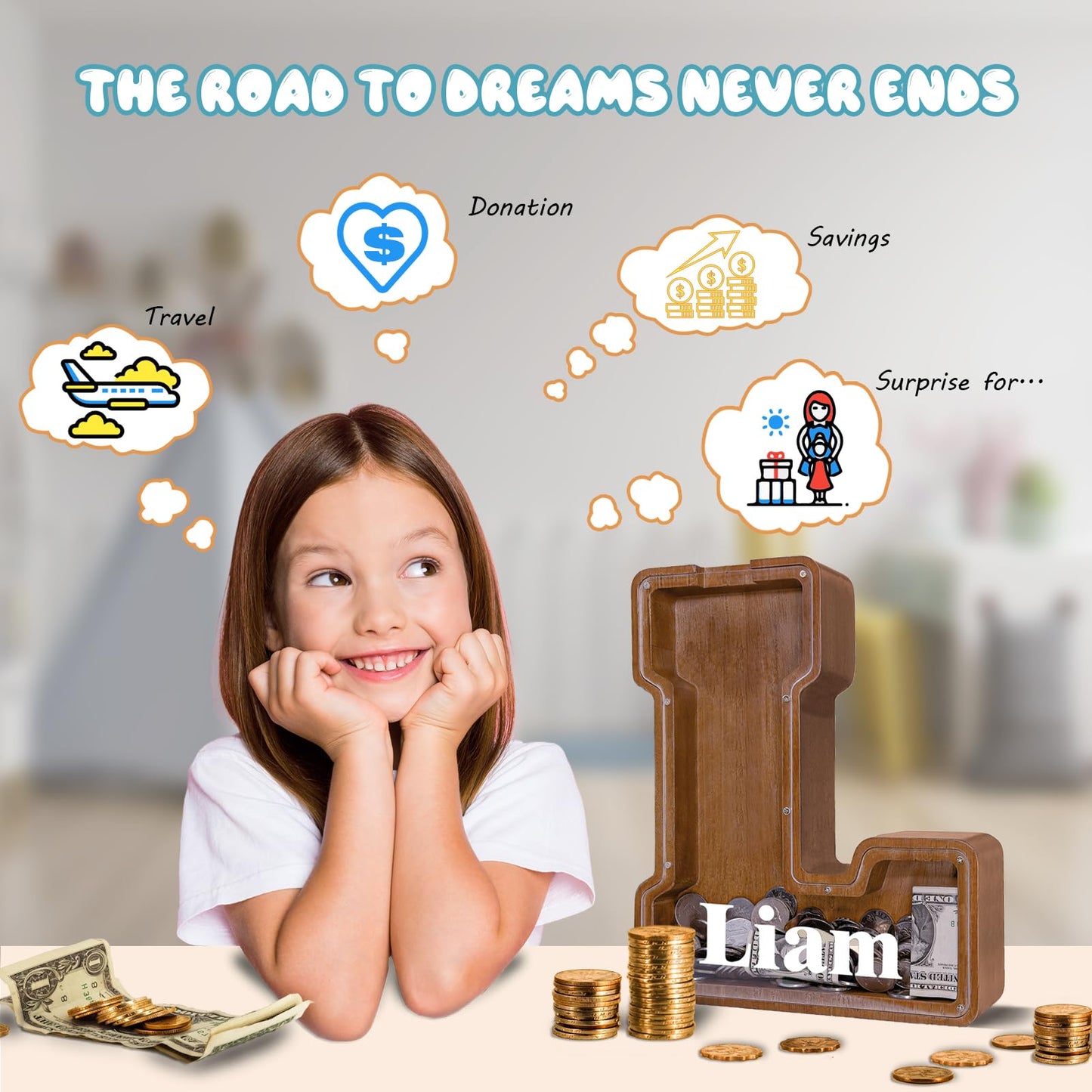 JOOMLAFLY Wooden Letter Piggy Bank for Kids – Personalized Initial Coin Bank & Decorative Storage