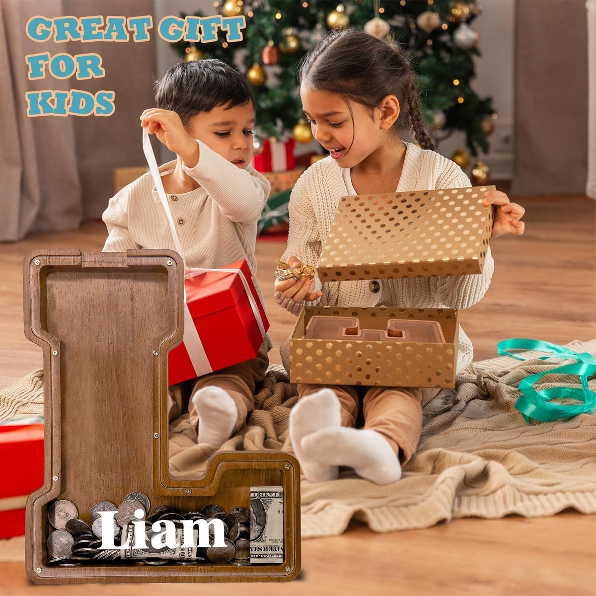 JOOMLAFLY Wooden Letter Piggy Bank for Kids – Personalized Initial Coin Bank & Decorative Storage