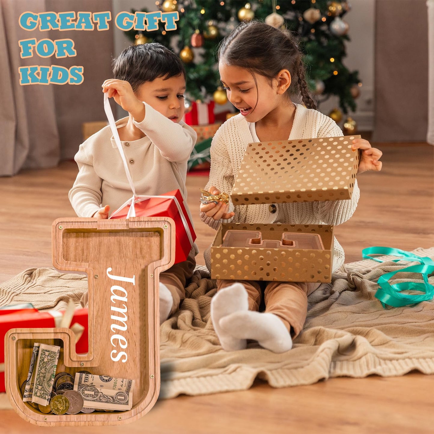 JOOMLAFLY Wooden Letter Piggy Bank - Personalized Alphabet Coin Bank for Kids