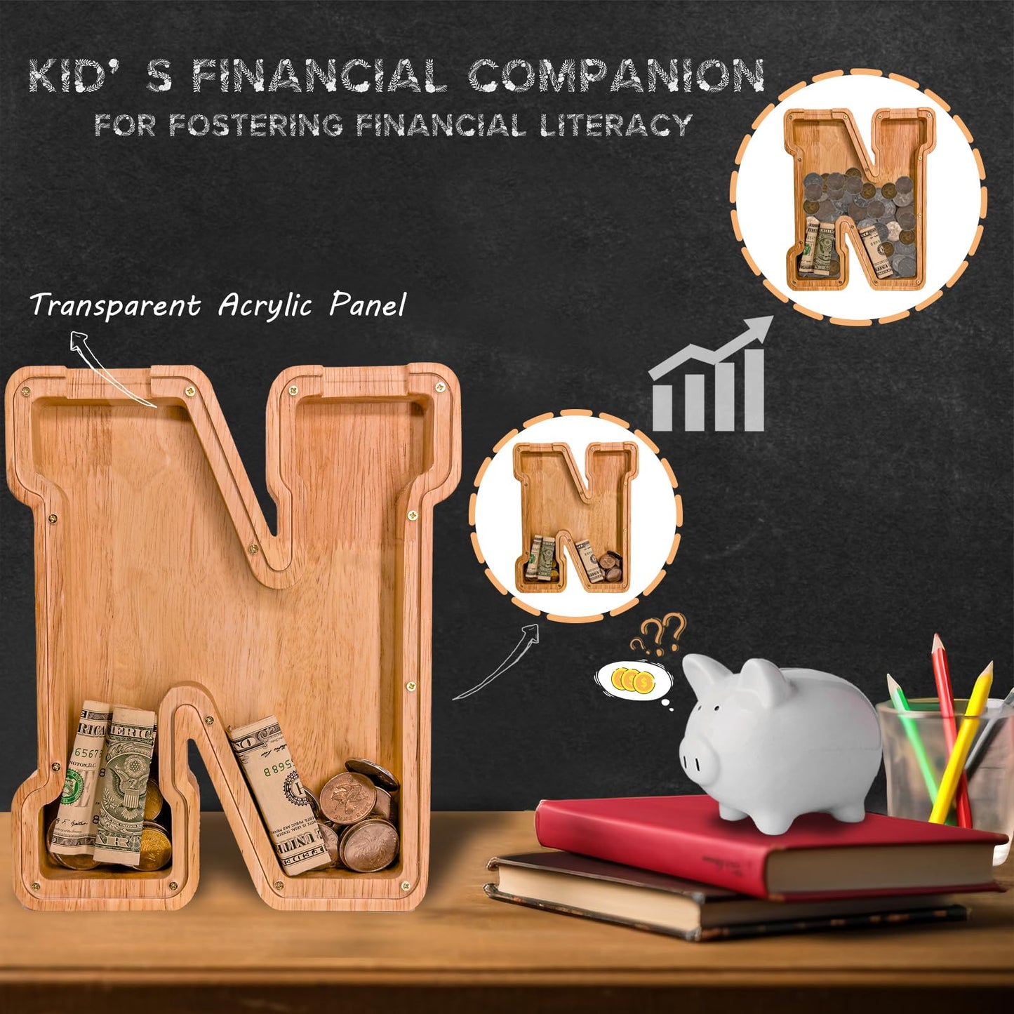 JOOMLAFLY Wooden Letter Piggy Bank for Kids — Large Initial Coin Bank in Eco Wood, Personalized Gift