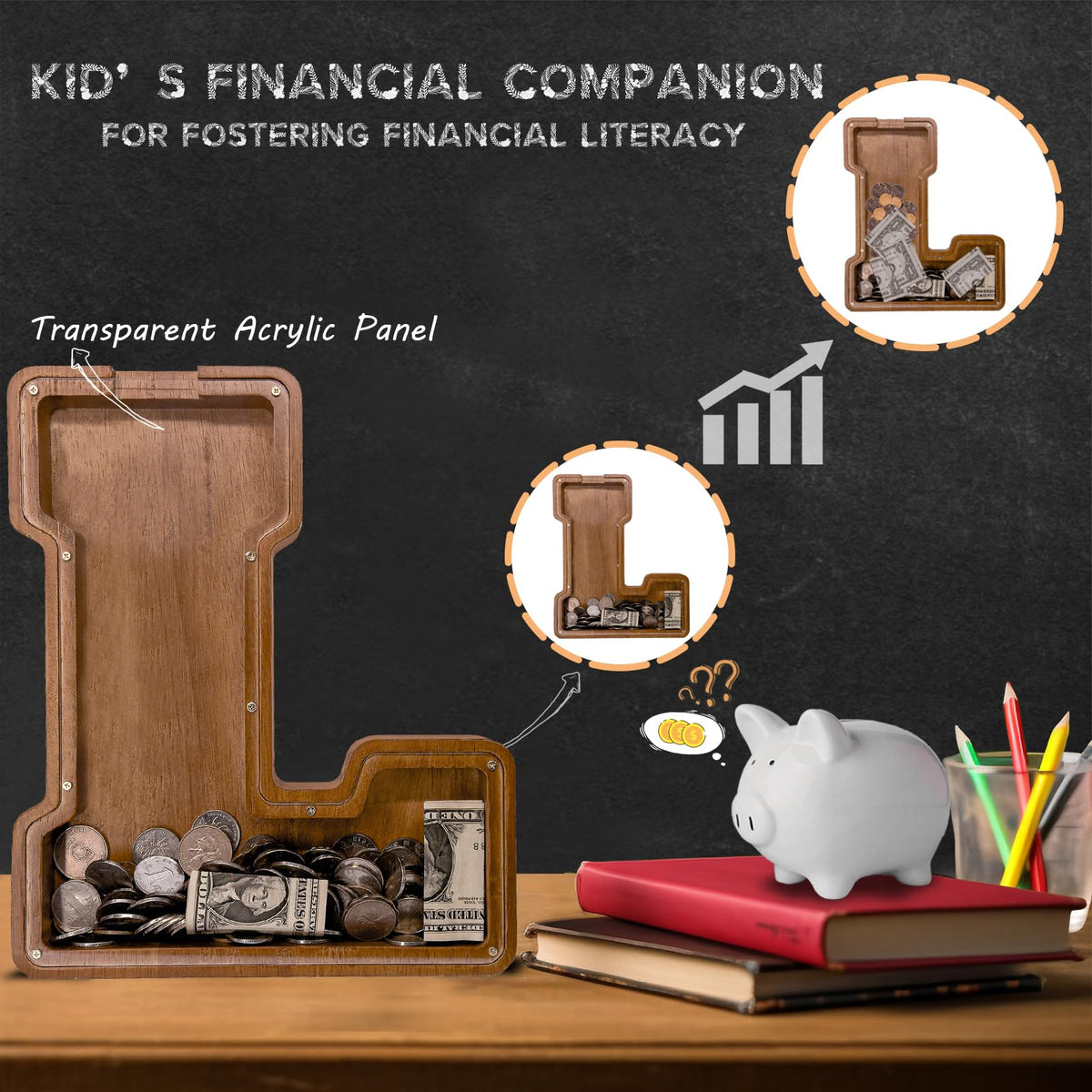 JOOMLAFLY Wooden Letter Piggy Bank for Kids – Personalized Initial Coin Bank & Decorative Storage