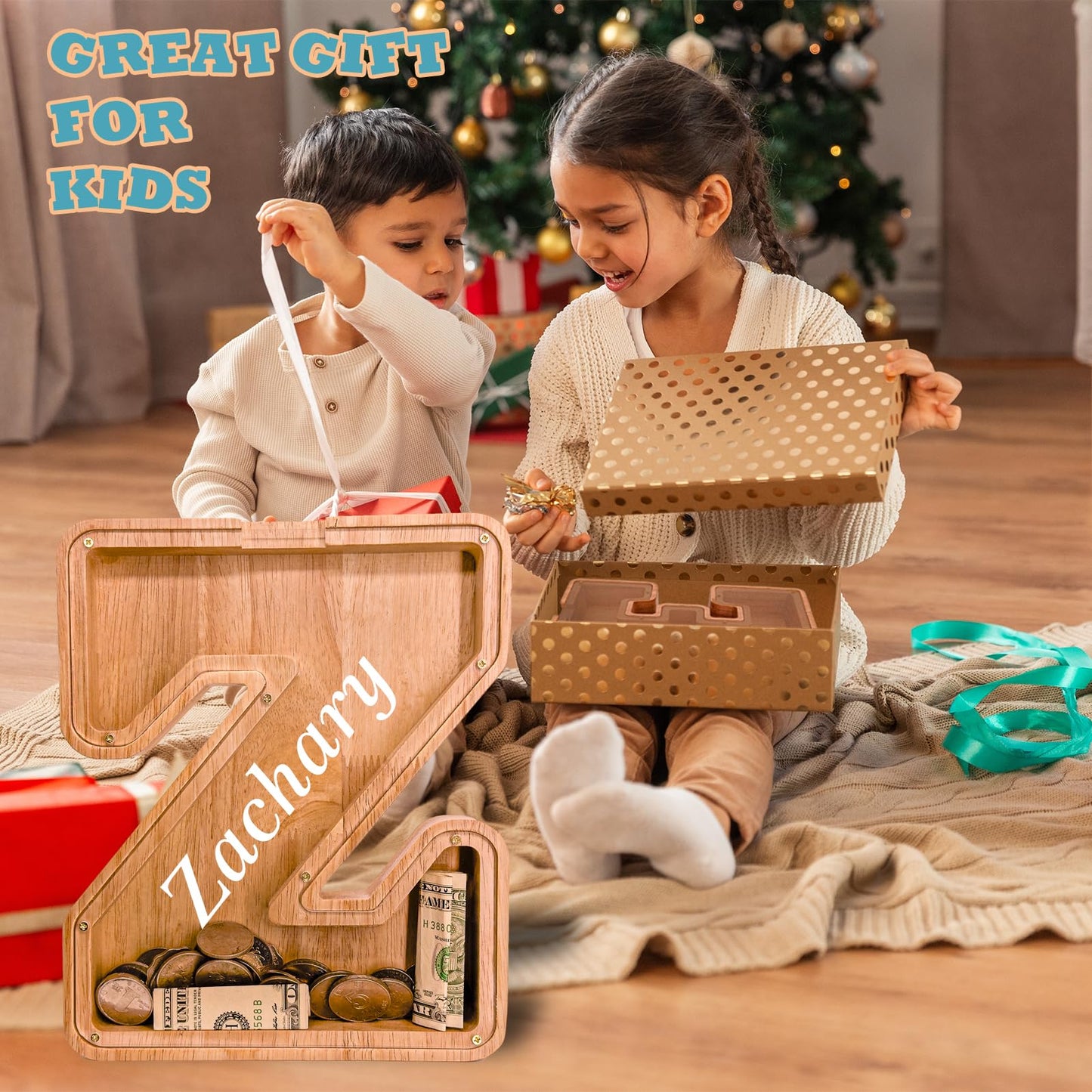 JOOMLAFLY Wooden Letter Piggy Bank — Large Initial Coin Bank for Kids, Personalized Gift
