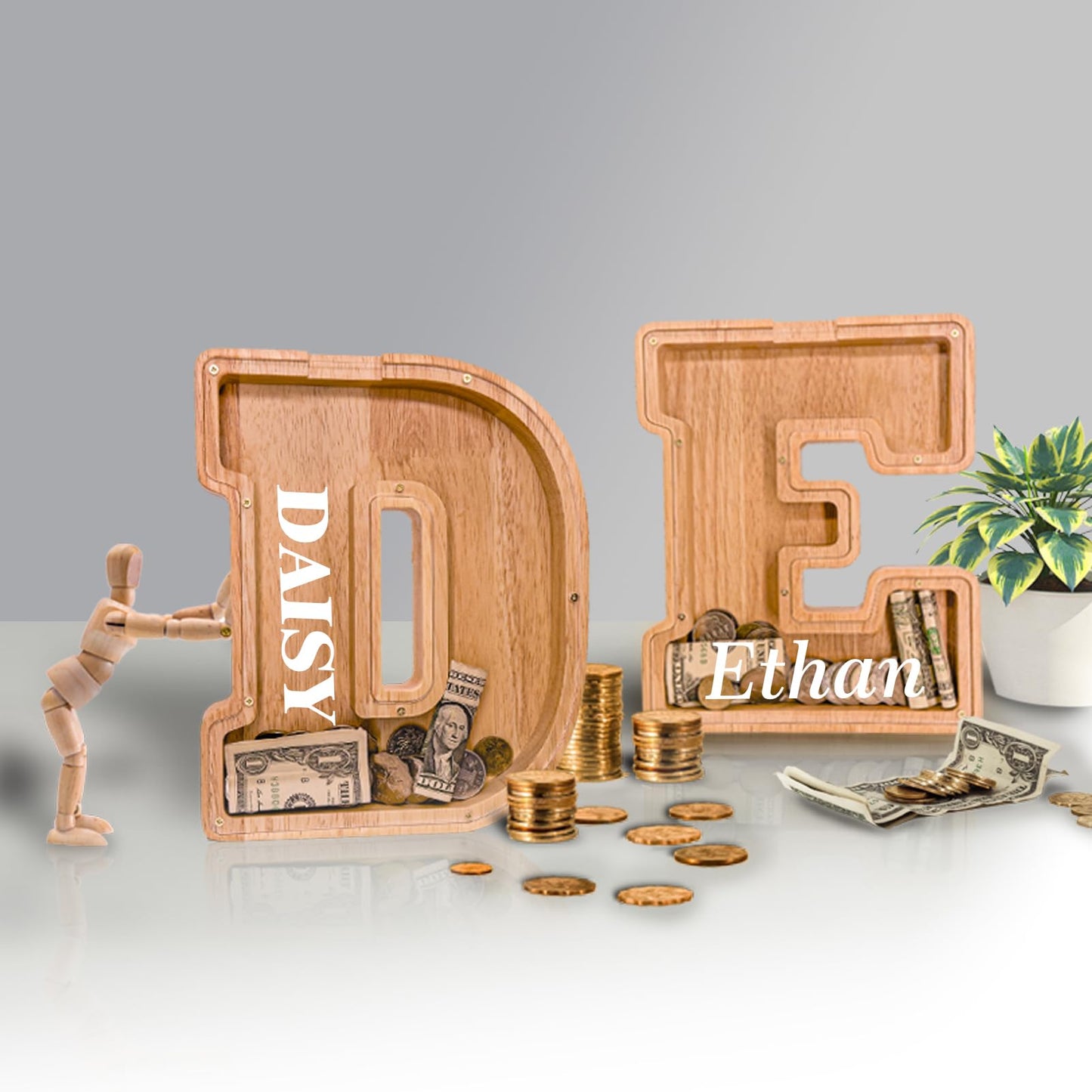 JOOMLAFLY Wooden Letter Piggy Bank – Personalized Initial Coin Bank for Kids