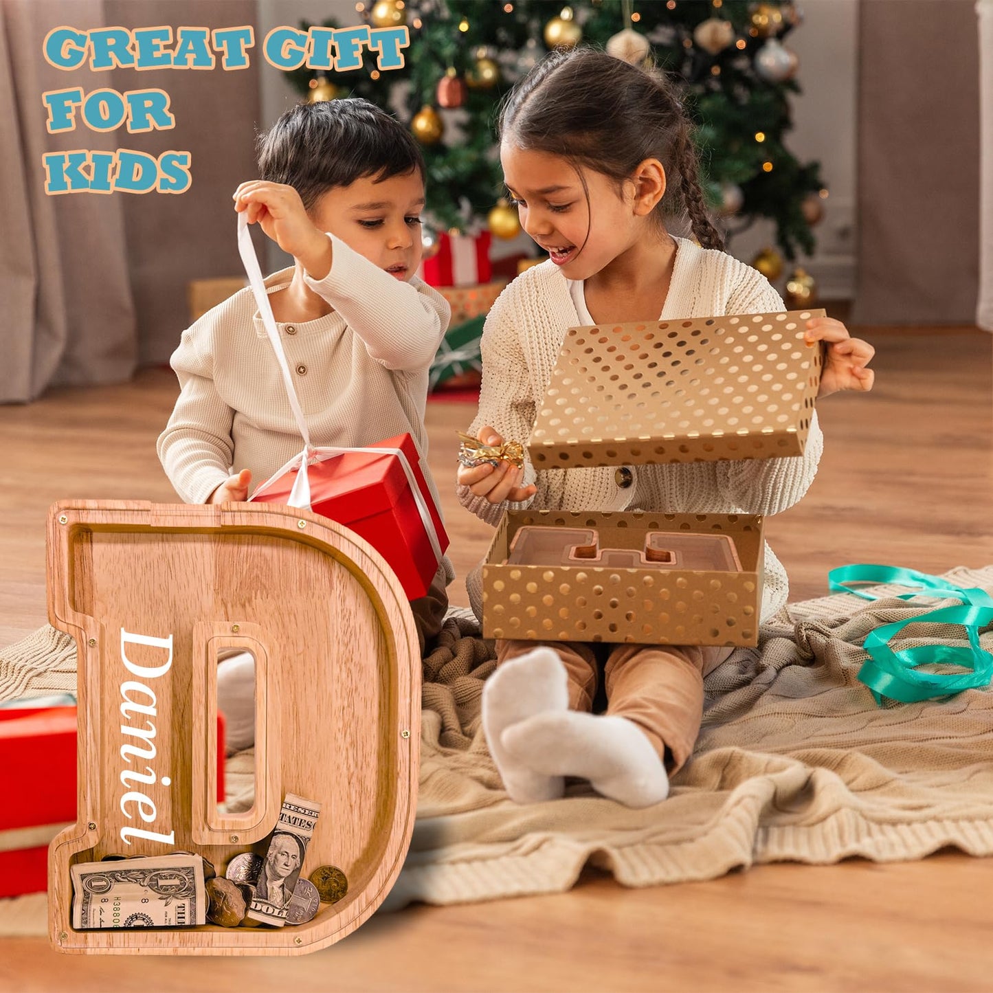 JOOMLAFLY Wooden Letter Piggy Bank – Large Initial Coin Bank for Kids, Personalized Gift