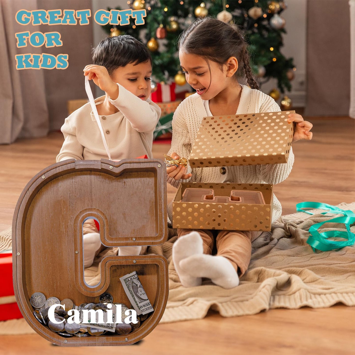 JOOMLAFLY Wooden Letter Piggy Bank for Kids | Large Initial Coin Bank & Personalized Gift