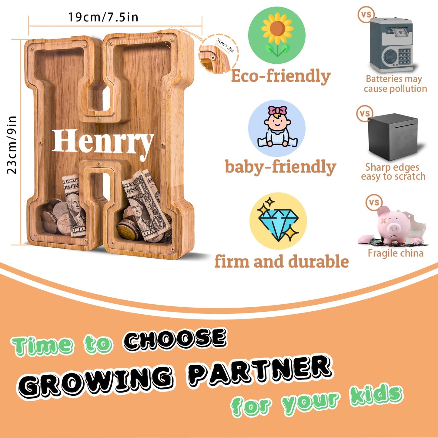 JOOMLAFLY Wooden Letter Piggy Bank – Large Personalized Initial Coin Bank for Kids