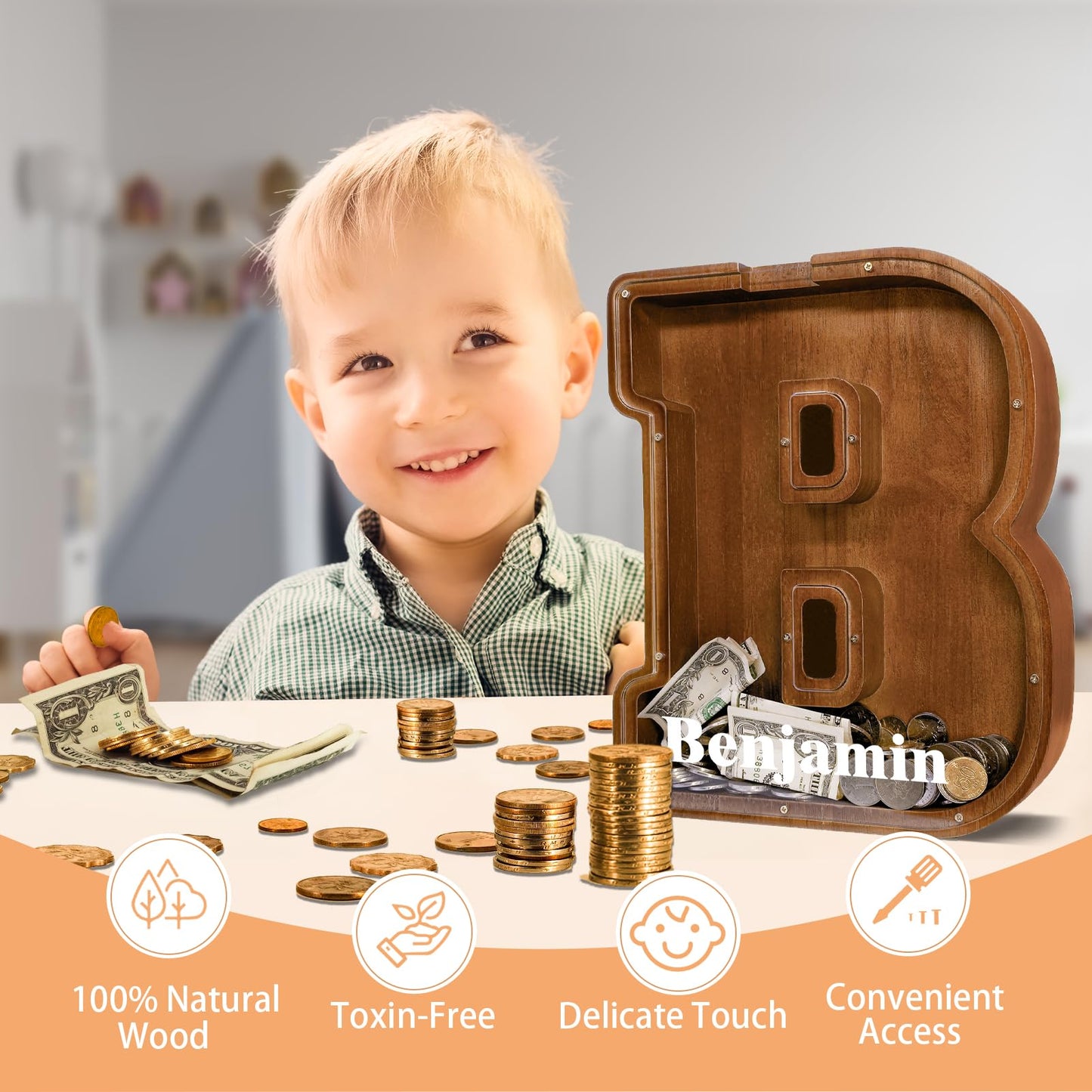 JOOMLAFLY Wooden Letter Piggy Bank – 12-Inch Large Personalized Initial Coin Bank for Kids