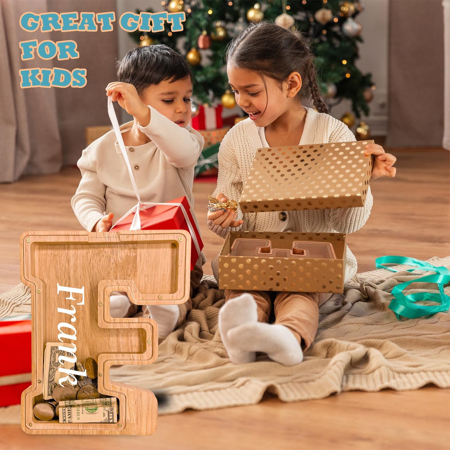 JOOMLAFLY Wooden Letter Piggy Bank for Kids — Personalized Initial Coin Bank
