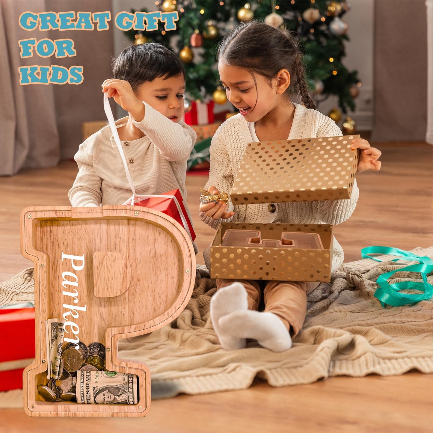 JOOMLAFLY Wooden Letter Piggy Bank – Personalized Initial Coin Bank for Kids