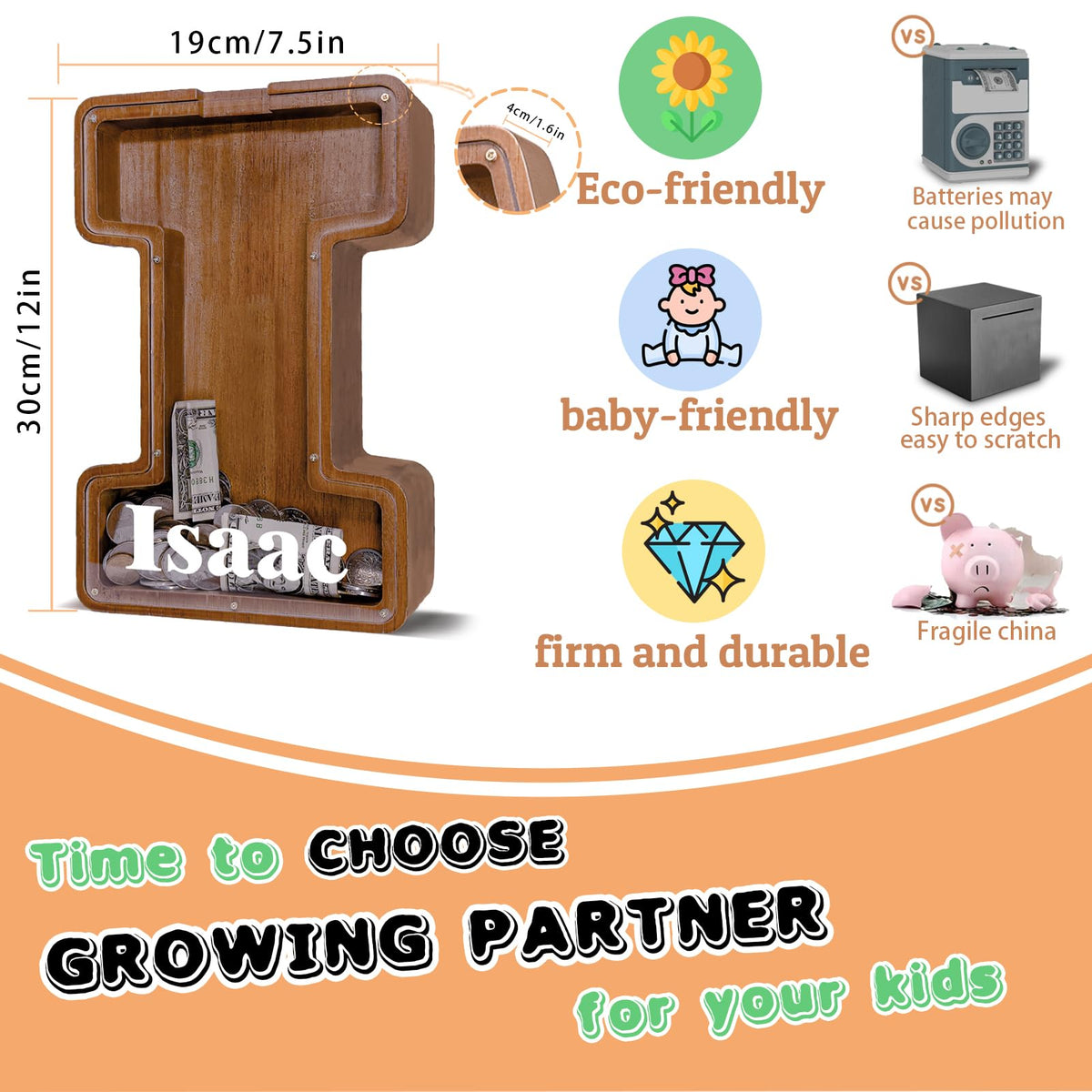 JOOMLAFLY Wooden Letter Piggy Bank — Large Initial Coin Bank for Kids