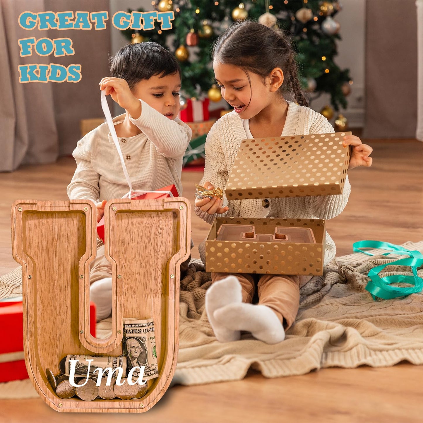 JOOMLAFLY Wooden Letter Piggy Bank – Personalized Initial Coin Bank for Kids