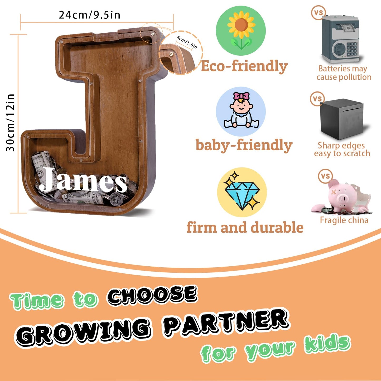 JOOMLAFLY Wooden Letter Piggy Bank – Personalized Initial Coin Bank for Kids