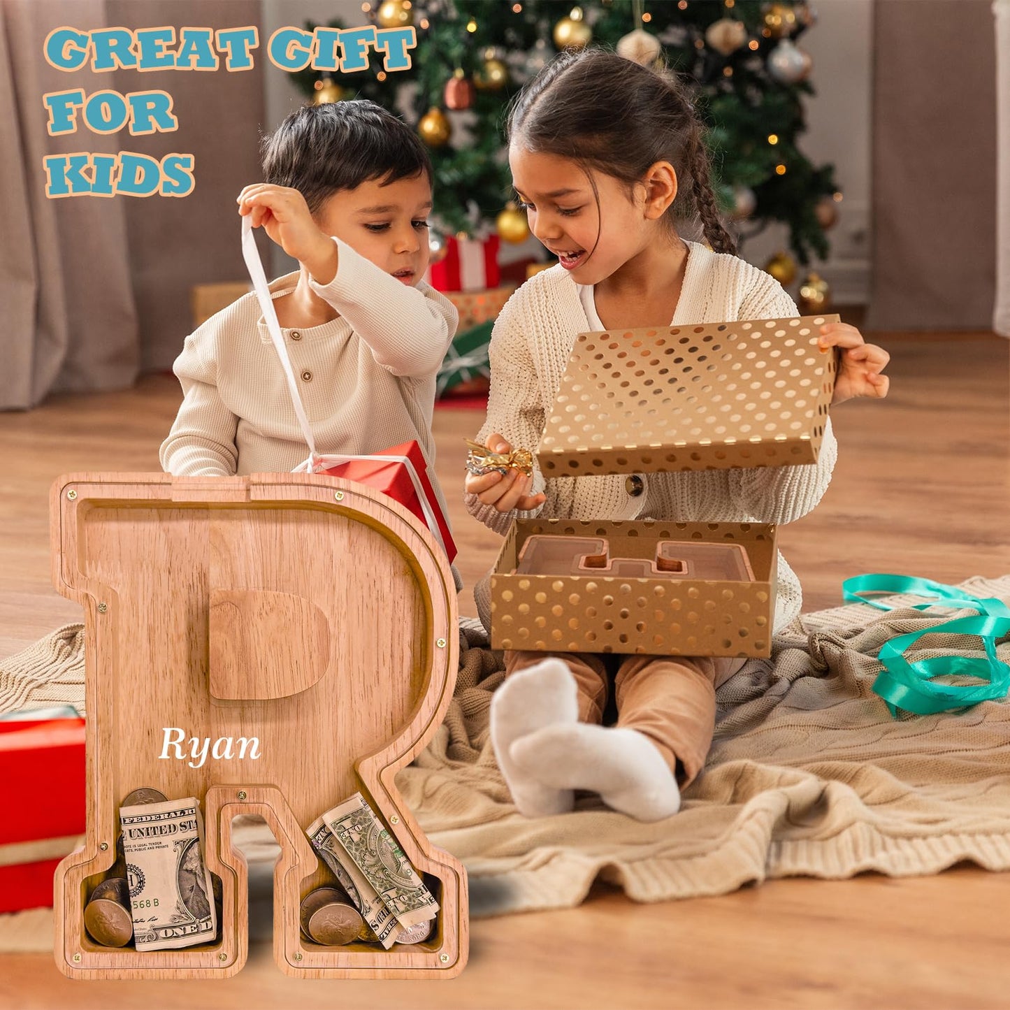 JOOMLAFLY Wooden Letter Piggy Bank – Large Personalized Initial Coin Bank for Kids