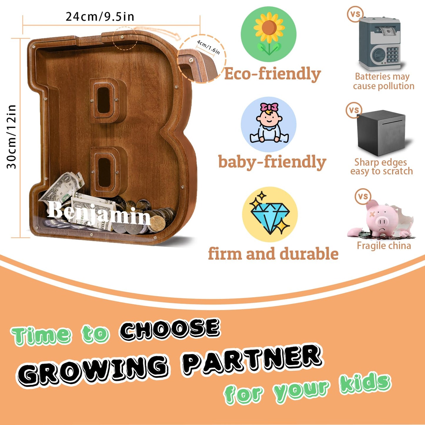 JOOMLAFLY Wooden Letter Piggy Bank – 12-Inch Large Personalized Initial Coin Bank for Kids