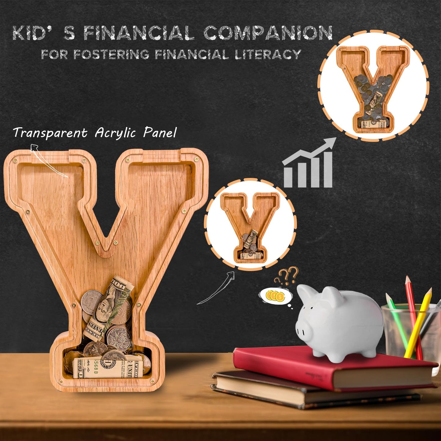 JOOMLAFLY Wooden Letter Piggy Bank — Personalized Initial Coin Bank for Kids