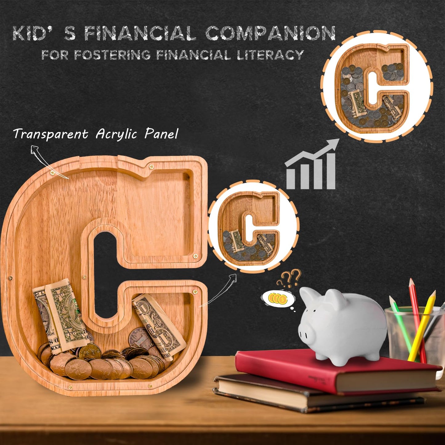 JOOMLAFLY Wooden Letter Piggy Bank — Large Initial Coin Bank for Kids, Personalized Gift
