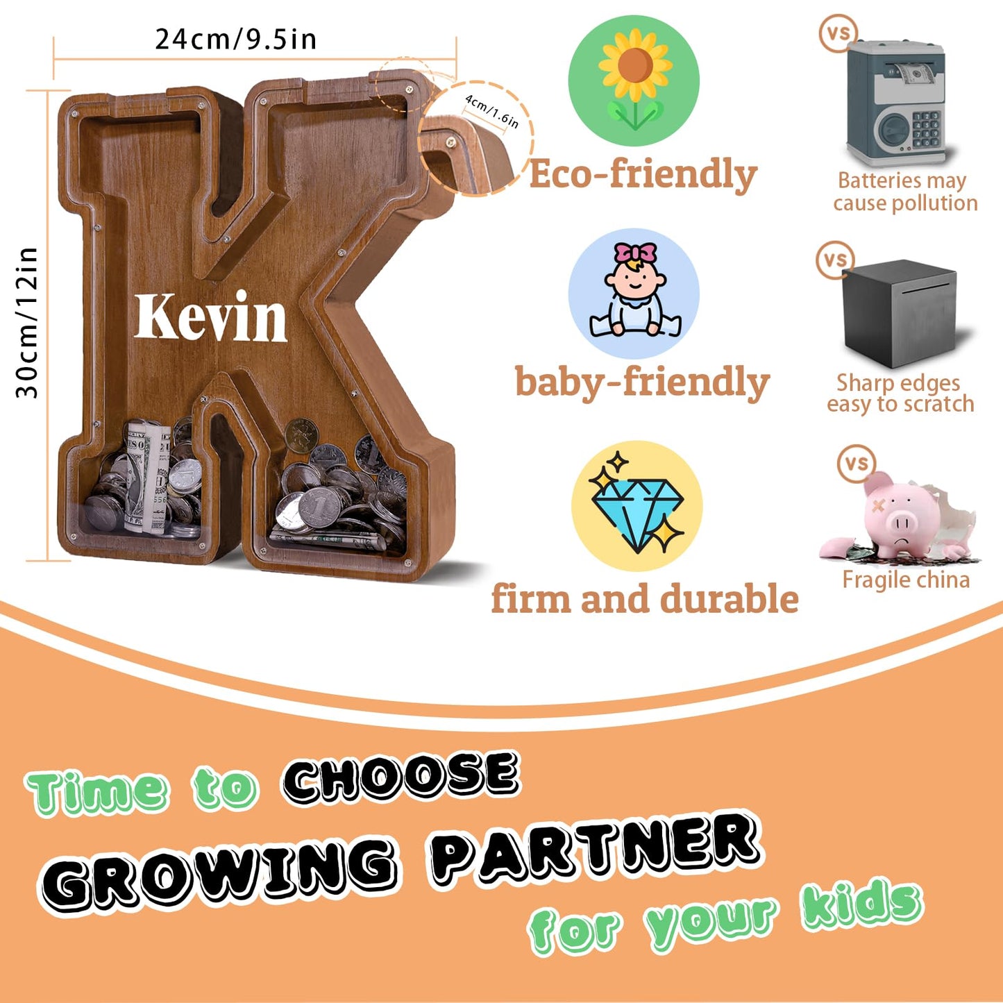 JOOMLAFLY Wooden Letter Piggy Bank – Personalized Initial Coin Bank for Kids