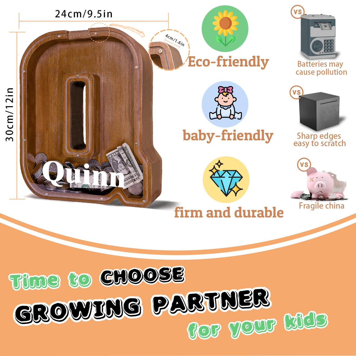 JOOMLAFLY Wooden Letter Piggy Bank – Large Initial Coin Bank for Kids, Personalized Gift