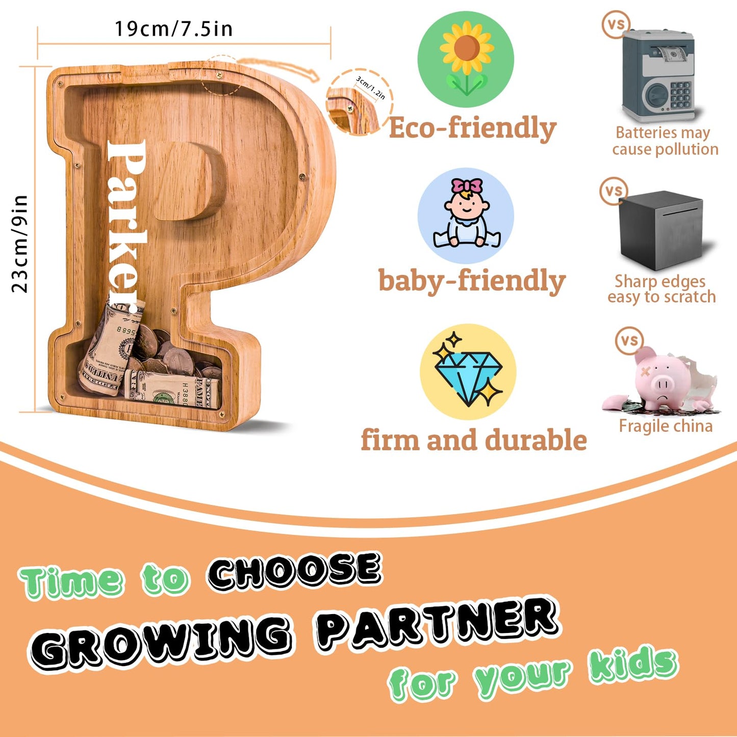 JOOMLAFLY Wooden Letter Piggy Bank – Personalized Initial Coin Bank for Kids