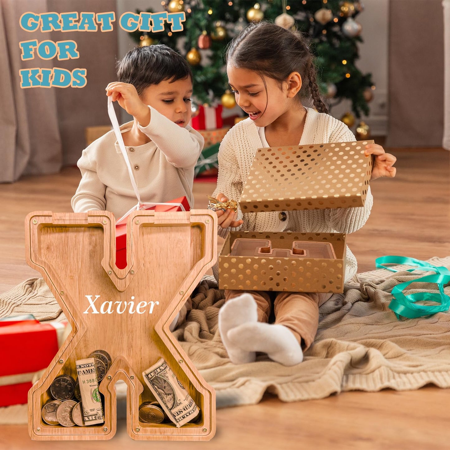 JOOMLAFLY Wooden Letter Piggy Bank – Large Personalized Alphabet Bank for Kids