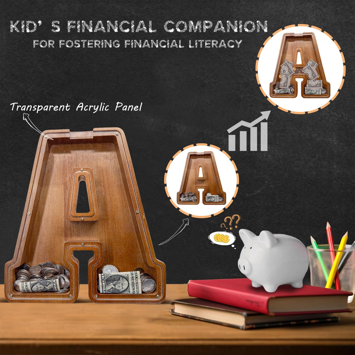 JOOMLAFLY Wooden Letter Piggy Bank – Personalized 12-Inch Initial Coin Bank for Kids
