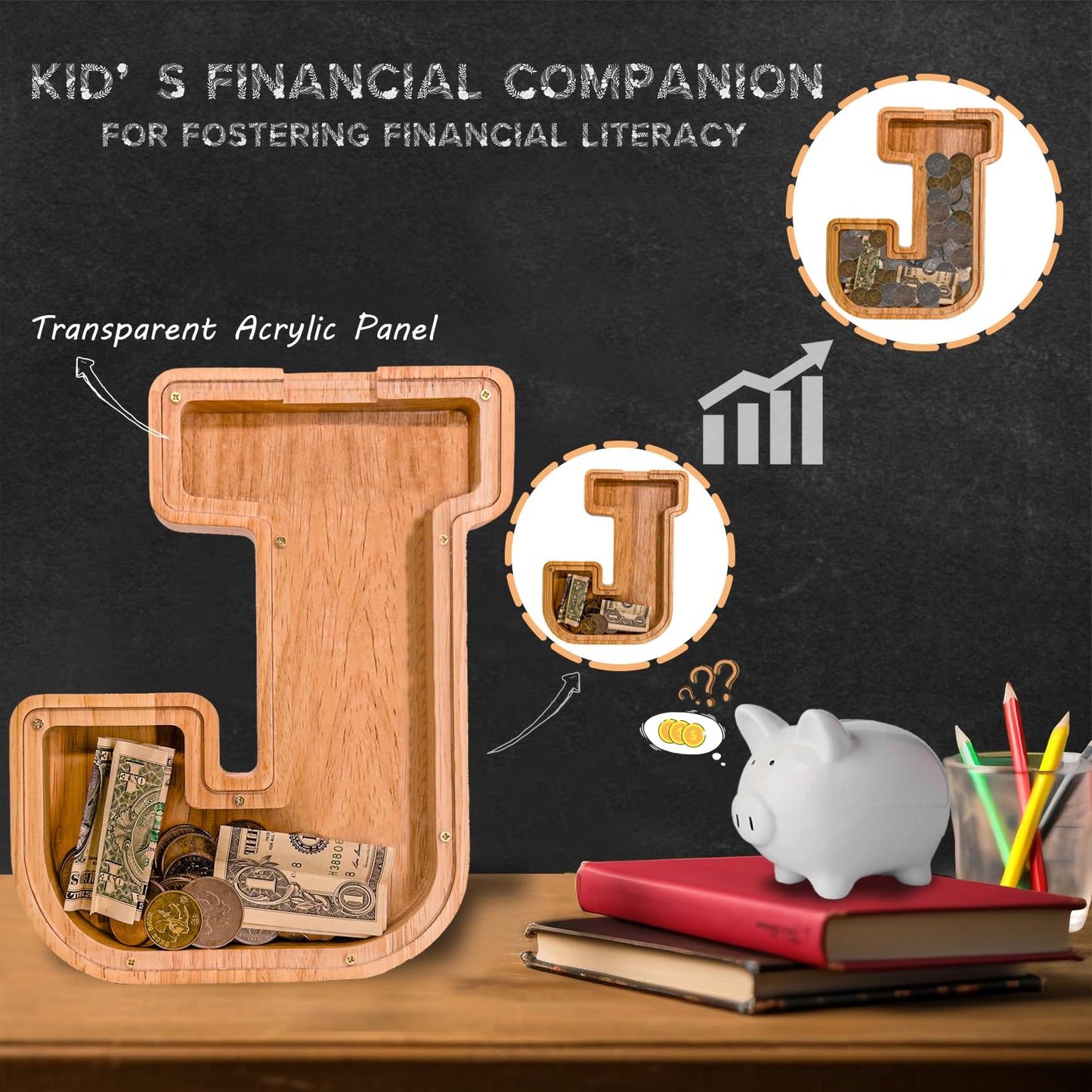 JOOMLAFLY Wooden Letter Piggy Bank - Personalized Alphabet Coin Bank for Kids