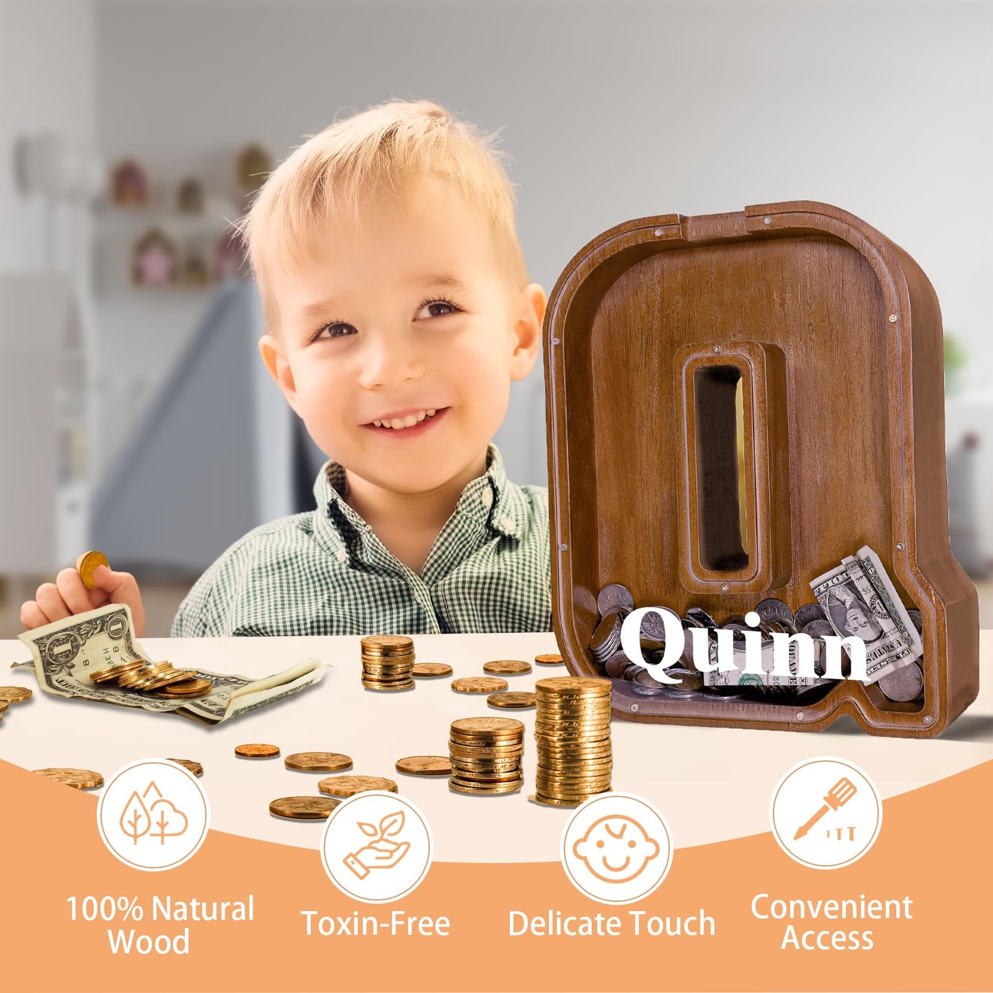 JOOMLAFLY Wooden Letter Piggy Bank – Large Initial Coin Bank for Kids, Personalized Gift