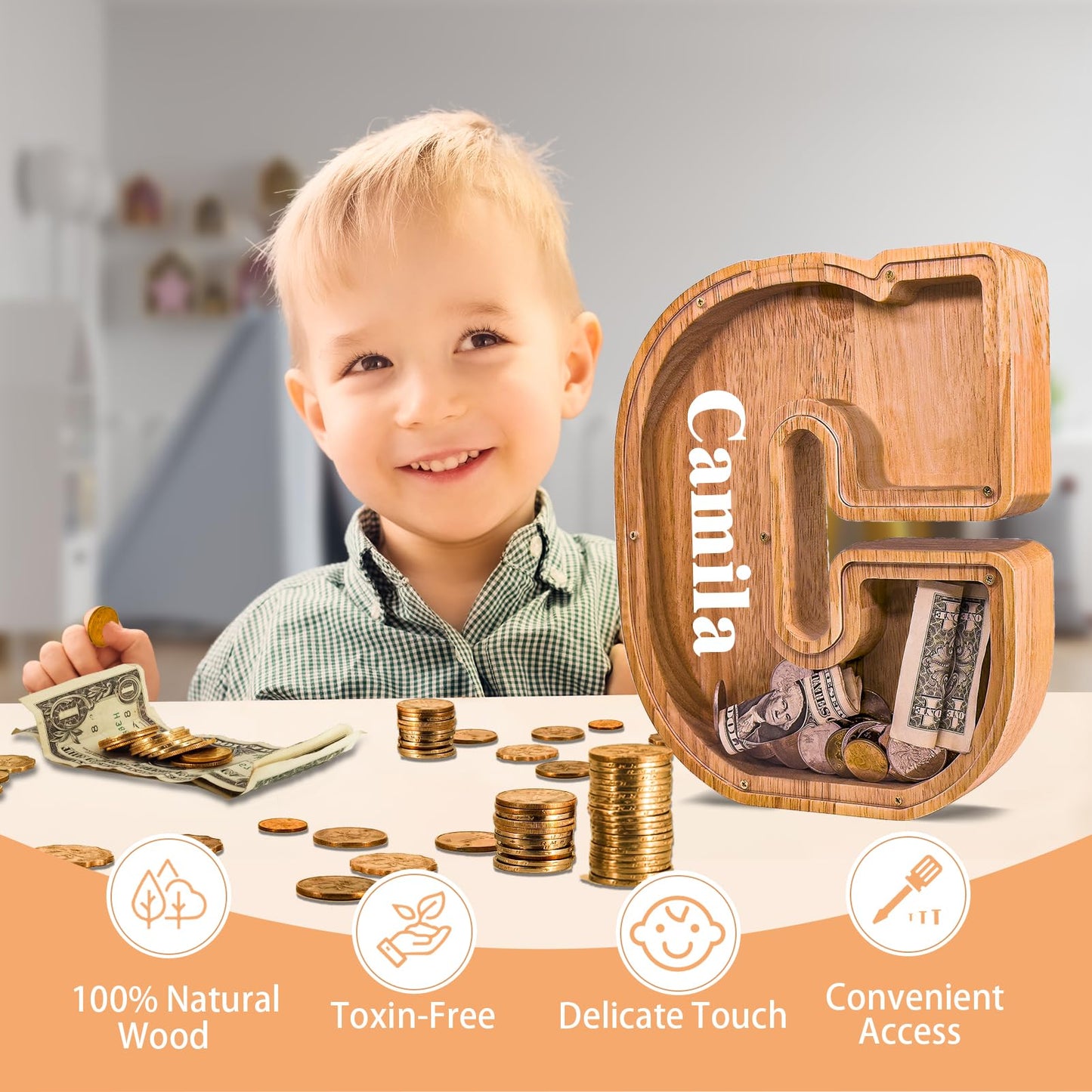 JOOMLAFLY Wooden Letter Piggy Bank — Large Initial Coin Bank for Kids, Personalized Gift