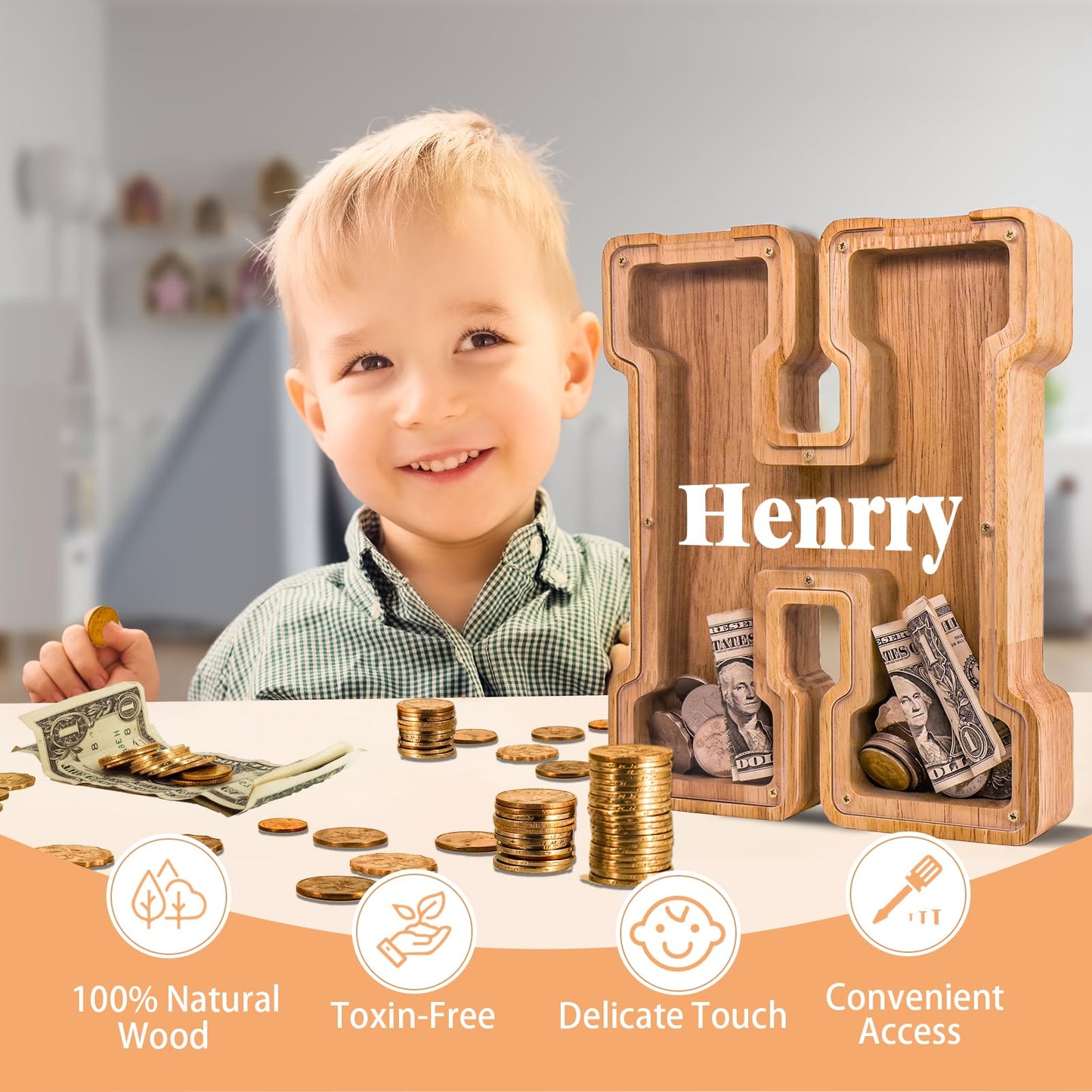 JOOMLAFLY Wooden Letter Piggy Bank – Large Personalized Initial Coin Bank for Kids